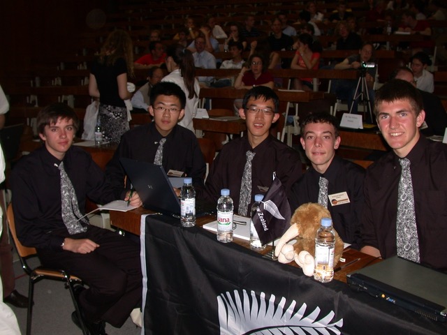 The 2008 NZ Representative team at the International Young Physicists' Tournament in Croatia. Ben Paterson, Yang Gao, Jed Bien, Graeme Finnie and Donald White.