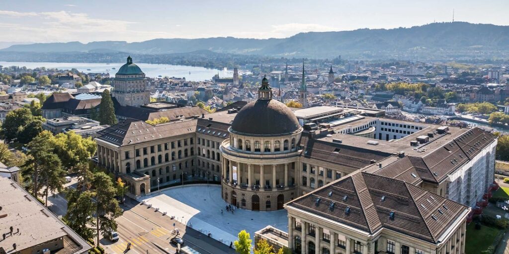 An aerial photo of the main building of the ETH University In Zurich